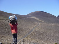 Rounded volcanic hills with a path leading towards them, in the foreground a porter carrying a bag on his head